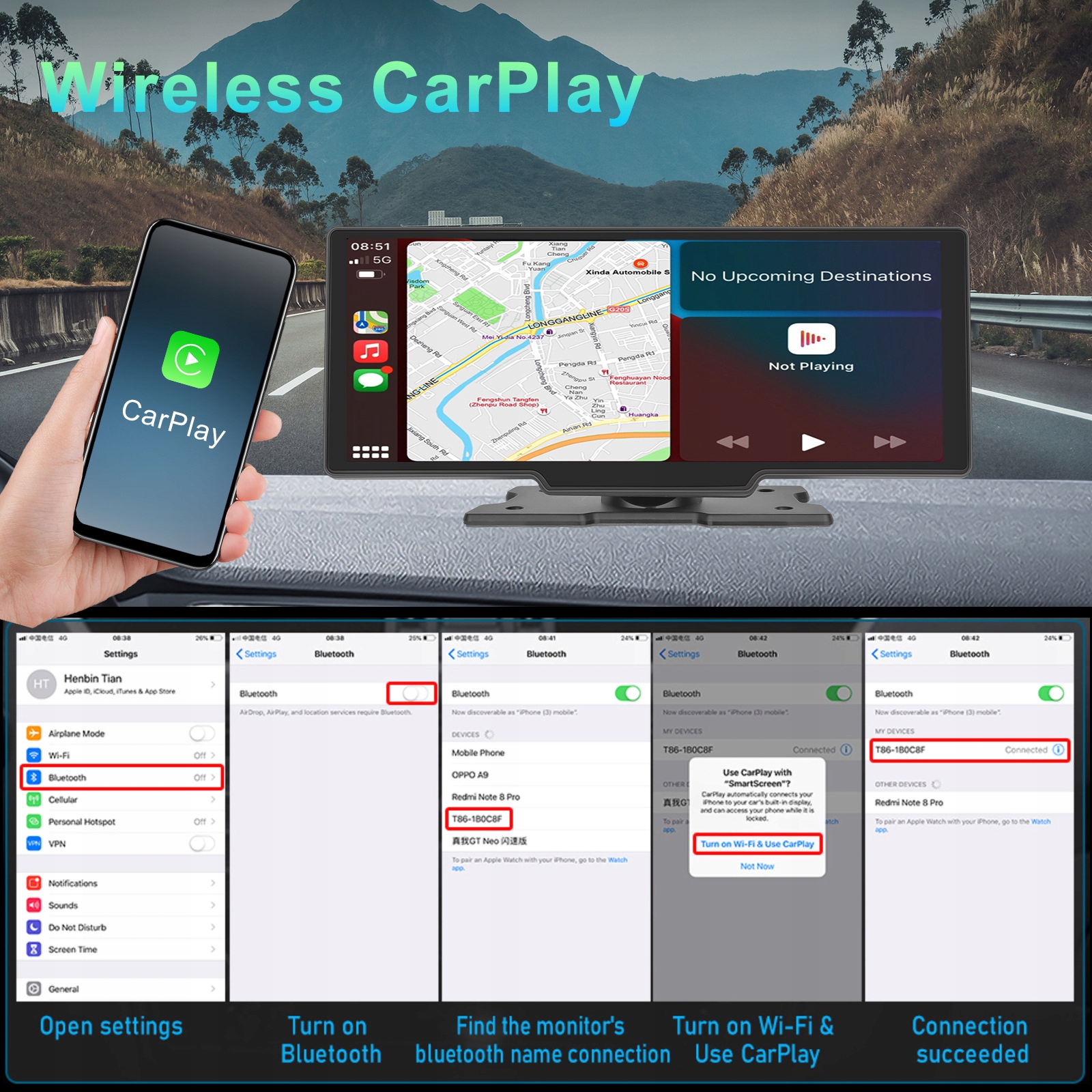 CarPlay1026ScreenRobiCam4KDashCamAndroidAuto2kameryZasilaniebateryjnegniazdozapalniczkisamochodowejUSB belsilt