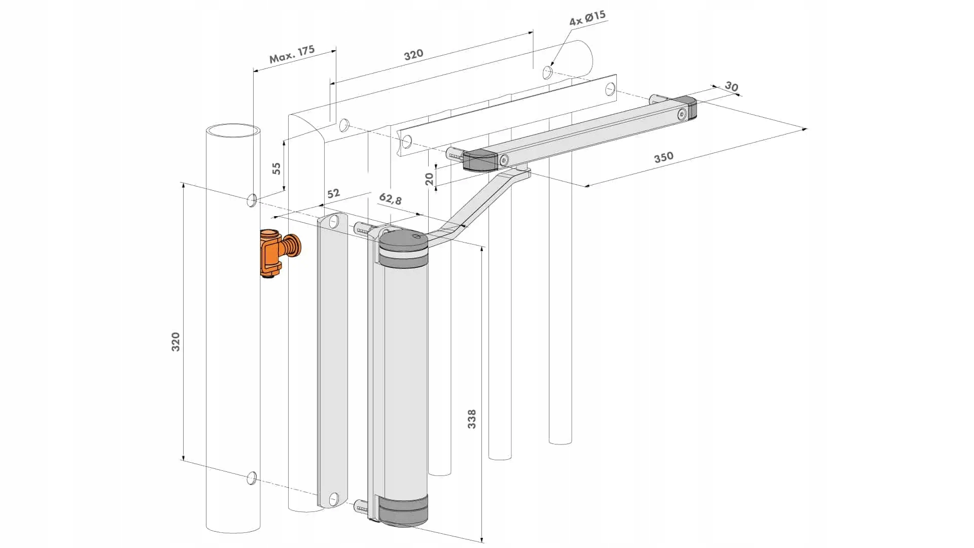 Locinox LION hidraulinis lauko vartelių pritraukėjas, iki 75 kg, varteliams iki 110 cm, juodas