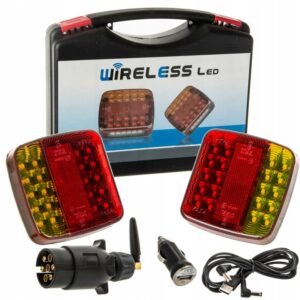 Belaidžių magnetinių priekabos LED žibintų komplektas, 12–24 V, IP65, 4 funkcijų, su lagaminu, iki 30 m, 2000 mAh