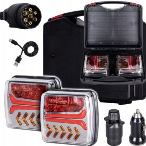 Belaidžių galinių LED lempų rinkinys su magnetais, 12–24 V, 7 kontaktų, IP65, 4 funkcijų, 2000 mAh, su numerio apšvietimu
