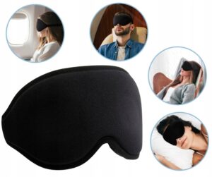Akių kaukė miegui, 3D, šviesą blokuojanti, reguliuojama, kelionėms, su atminties putomis, juoda, poilsiui po darbo