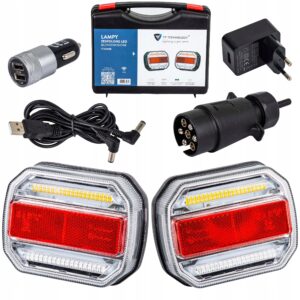 Belaidžių galinių LED lempų rinkinys su magnetais, 12–24 V, 7 kontaktų, IP67, iki 20 m, 93 × 118 × 64 mm
