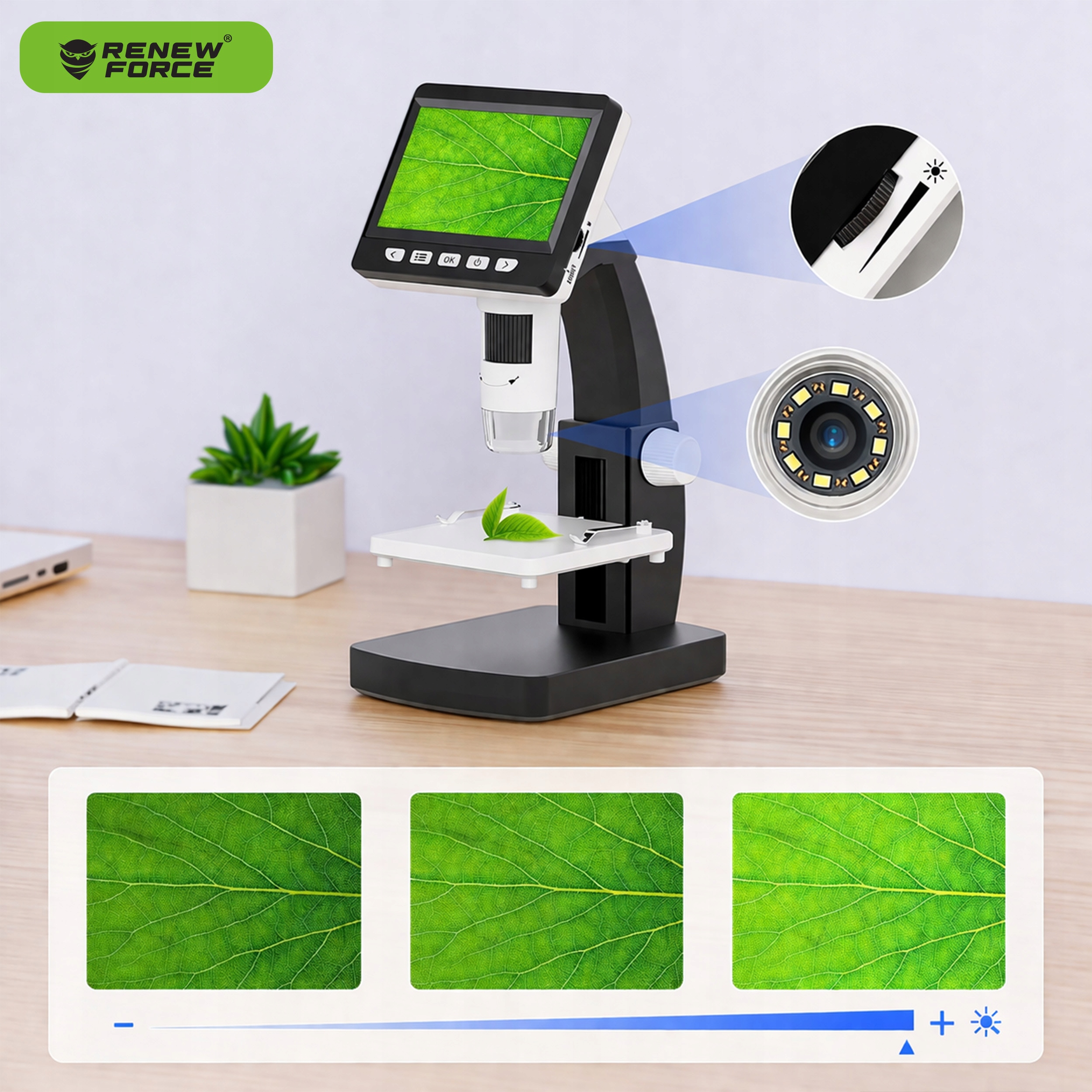 MIKROSKOPCYFROWY1000x43regulowanyprecyzyjnyLUPAuniwersalny1080pMarkaRenewForce belsilt Skaitmeninis mikroskopas su ekranu Renew Force 1000x 43 ekranas 2 MP 8 LED