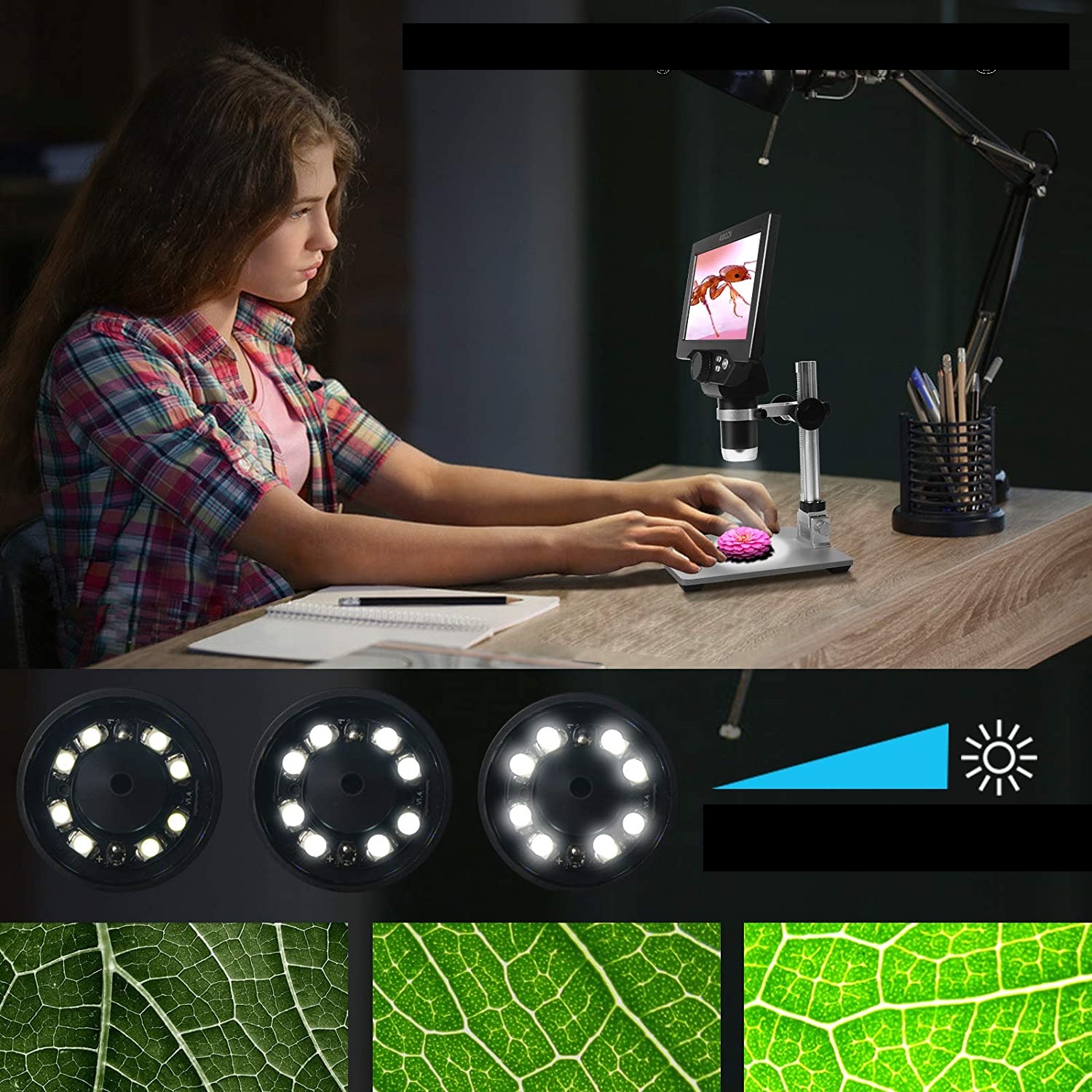 MIKROSKOPCYFROWYLCD7FULLHD12MP1080p1200xCechydodatkowe12MPXLaczeUSBLacznosczkomputerem belsilt Skaitmeninis mikroskopas su ekranu G1200 1200x 7 ekranas 12 MP 8 LED