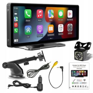 1-DIN automobilio multimedijos sistema su „CarPlay“ ir „Android Auto“, 10 colių, IPS, su galinio vaizdo kamera