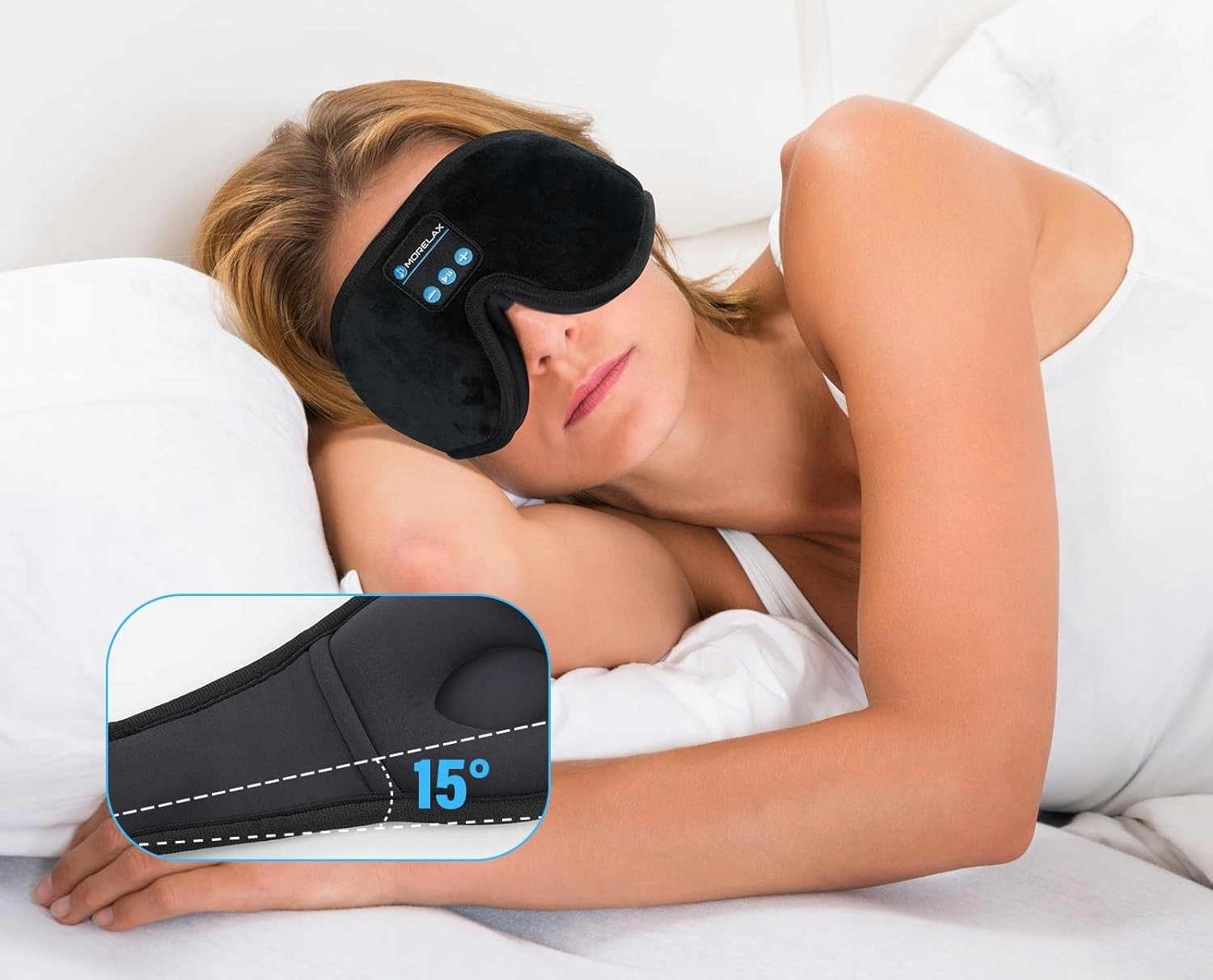 MaskadospaniaMorelaxBluetooth3DpiankamemorystereoHiFiunisexWzordominujacybezwzoru belsilt Akių kaukė miegui su Bluetooth ausinėmis 3D šviesą blokuojanti reguliuojama kelionėms su atminties putomis mėlyna patogiam miegui