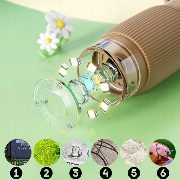 MikroskopCyfrowyKieszonkowydlaDzieciLED1000XHDBrazowyPreparatyMaksymalnepowiekszenie1000x belsilt Kišeninis skaitmeninis mikroskopas vaikams 1000x 2 ekranas 8 LED 600 mAh rudas