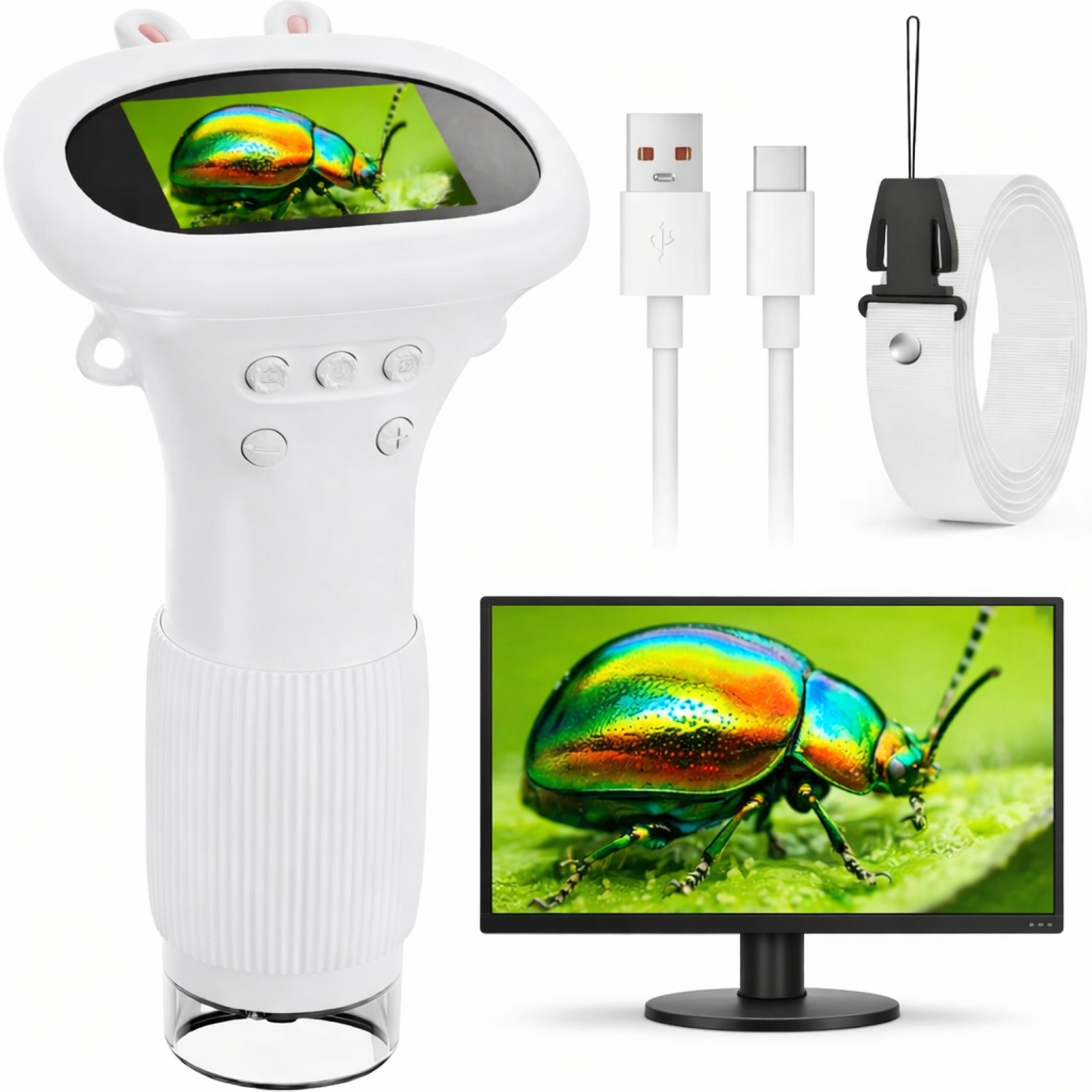 MikroskopcyfrowydladzieciLED1000xUSBHDIPSkieszonkowy belsilt Kišeninis skaitmeninis mikroskopas vaikams 1000x 2 ekranas 8 LED 600 mAh baltas