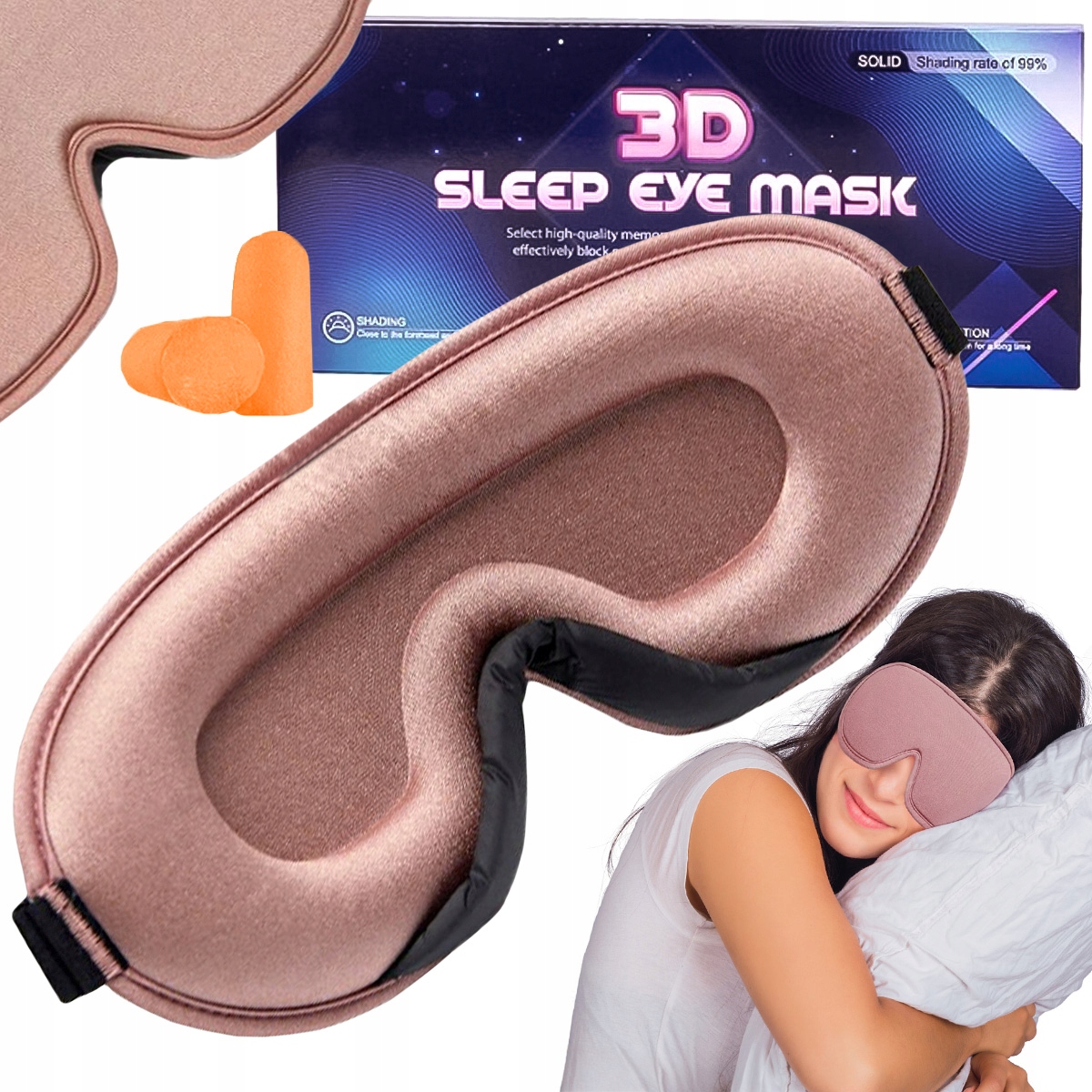 OPASKANAOCZYDOSPANIAMASKA3DREGULOWANABEZOWAZATYCZKIDOUSZU belsilt Akių kaukė miegui 3D šviesą blokuojanti reguliuojama kelionėms su ausų kištukais smėlinė