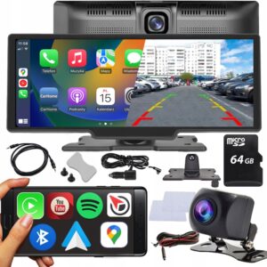 Belaidis automobilio ekranas su „CarPlay“ ir „Android Auto“, 10 colių, su dviem kameromis