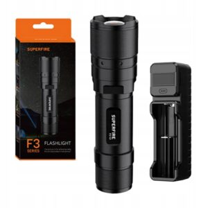 Tvirtas taktinis LED žibintuvėlis Superfire F3 L2 su USB įkrovikliu IP34 2000 mAh