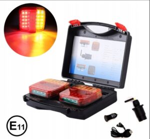 Belaidžių galinių LED lempų rinkinys su magnetais, 12–24 V, IP65, 4 funkcijų, su lagaminu, iki 30 m, 2000 mAh