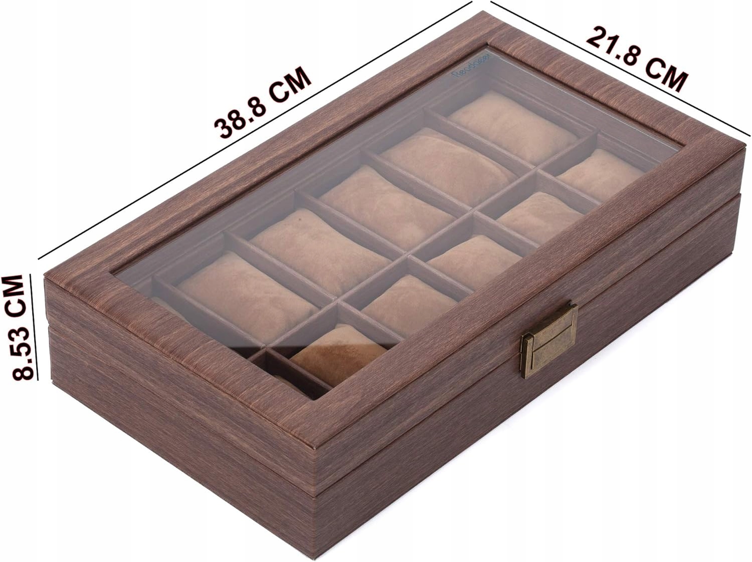 Aksominė laikrodžių dėžutė 12 laikrodžiams su stikliniu dangteliu su užraktu su vieta papuošalams ruda 39 x 22 x 85 cm belsilt Aksominė laikrodžių dėžutė 12 laikrodžiams su stikliniu dangteliu su užraktu su vieta papuošalams ruda 39 x 22 x 85 cm