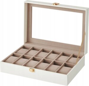 Aksominė laikrodžių dėžutė 12 laikrodžiams su stikliniu dangteliu, su vieta papuošalams balta 9,1 x 4,5 cm