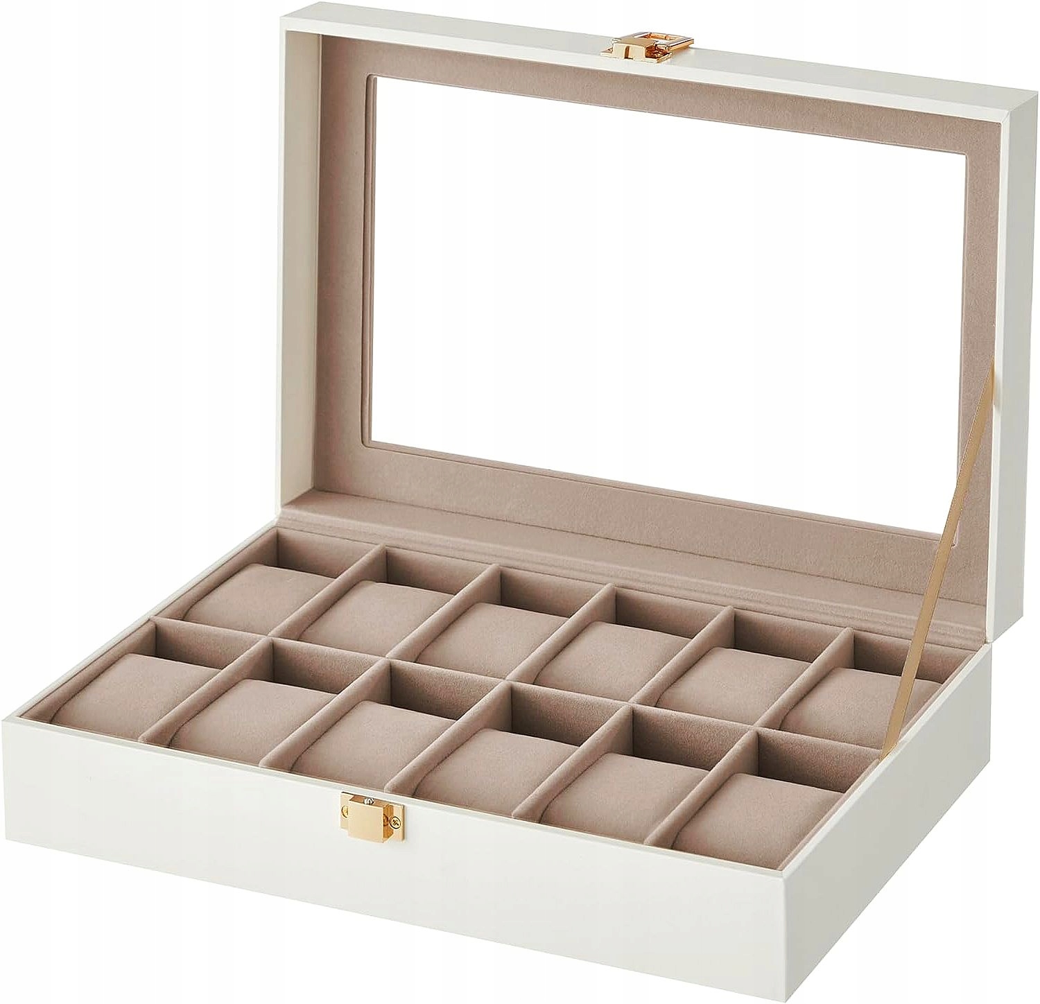 Aksominė laikrodžių dėžutė 12 laikrodžiams su stikliniu dangteliu su vieta papuošalams balta 91 x 45 cm belsilt Aksominė laikrodžių dėžutė 12 laikrodžiams su stikliniu dangteliu su vieta papuošalams balta 91 x 45 cm