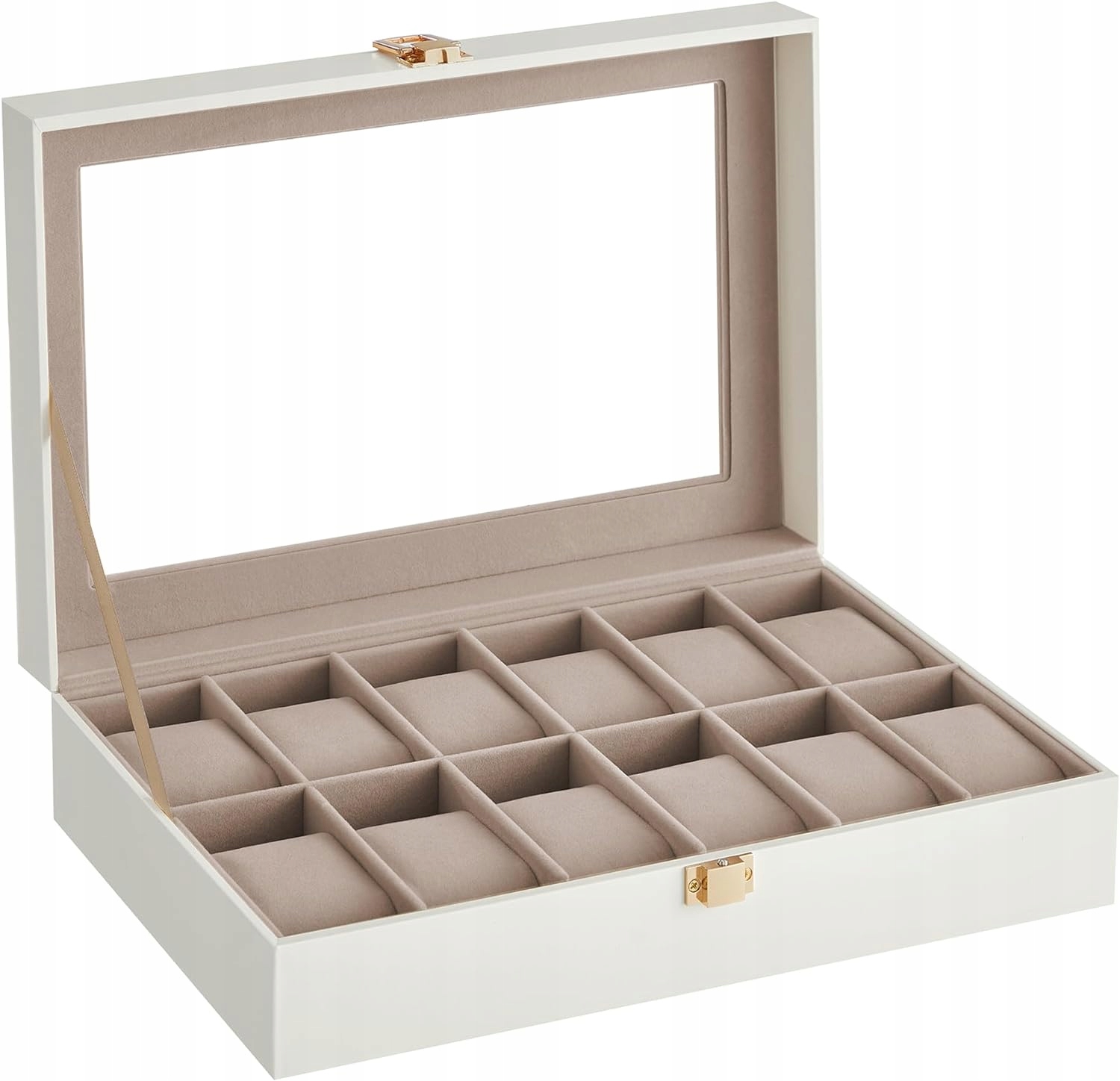 Aksominė laikrodžių dėžutė 12 laikrodžiams su stikliniu dangteliu su vieta papuošalams balta 91 x 45 cm belsilt Aksominė laikrodžių dėžutė 12 laikrodžiams su stikliniu dangteliu su vieta papuošalams balta 91 x 45 cm