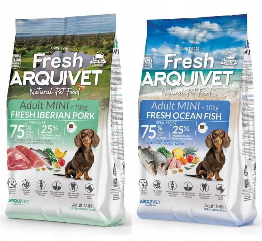 Arquivet Fresh Mini pusiau drėgnas maistas mažų veislių šunims su kiauliena ir žuvimi, 2 x 1 kg