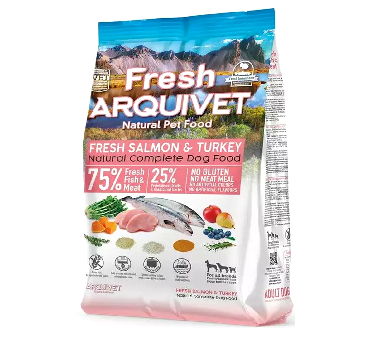 Arquivet Fresh pusiau minkštas maistas šunims su lašiša ir kalakutiena, be vištienos, 2,5 kg