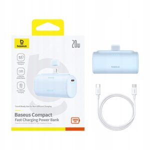 Baseus greitas išorinė baterija 5000mAh 20 W Išorinė baterija Lightning USB C+ USB C kabelis