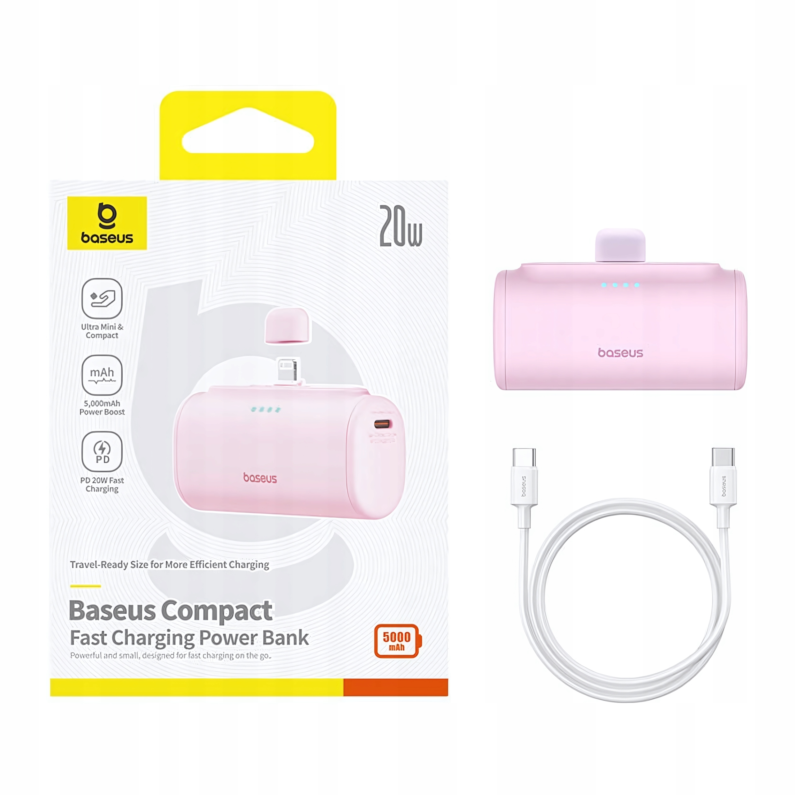 Baseus greitas išorinė baterija 5000mAh 20 W Išorinė baterija Lightning USBC+ USBC kabelis Rožinis belsilt Baseus greitas išorinė baterija 5000mAh 20 W Išorinė baterija Lightning USB C+ USB C kabelis Rožinis