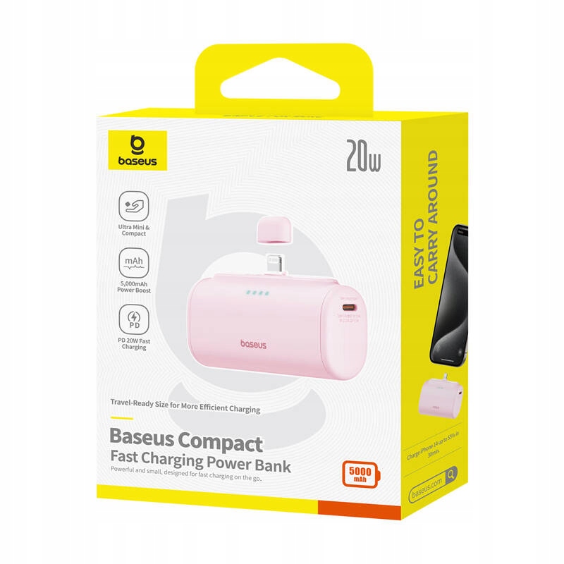 Baseus greitas išorinė baterija 5000mAh 20 W Išorinė baterija Lightning USBC+ USBC kabelis Rožinis belsilt Baseus greitas išorinė baterija 5000mAh 20 W Išorinė baterija Lightning USB C+ USB C kabelis Rožinis