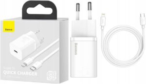 Baseus įkroviklis iPhone telefonui 14 13 12 11 USB-C 20 W + kabelis Lightning