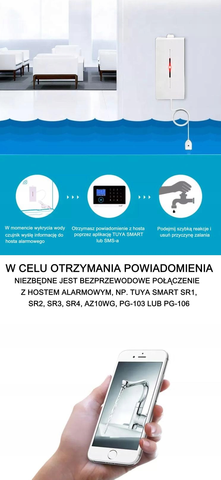 Belaidis užliejimo jutiklis 433 MHz kompaktiško korpuso belsilt Belaidis užliejimo jutiklis 433 MHz kompaktiško korpuso
