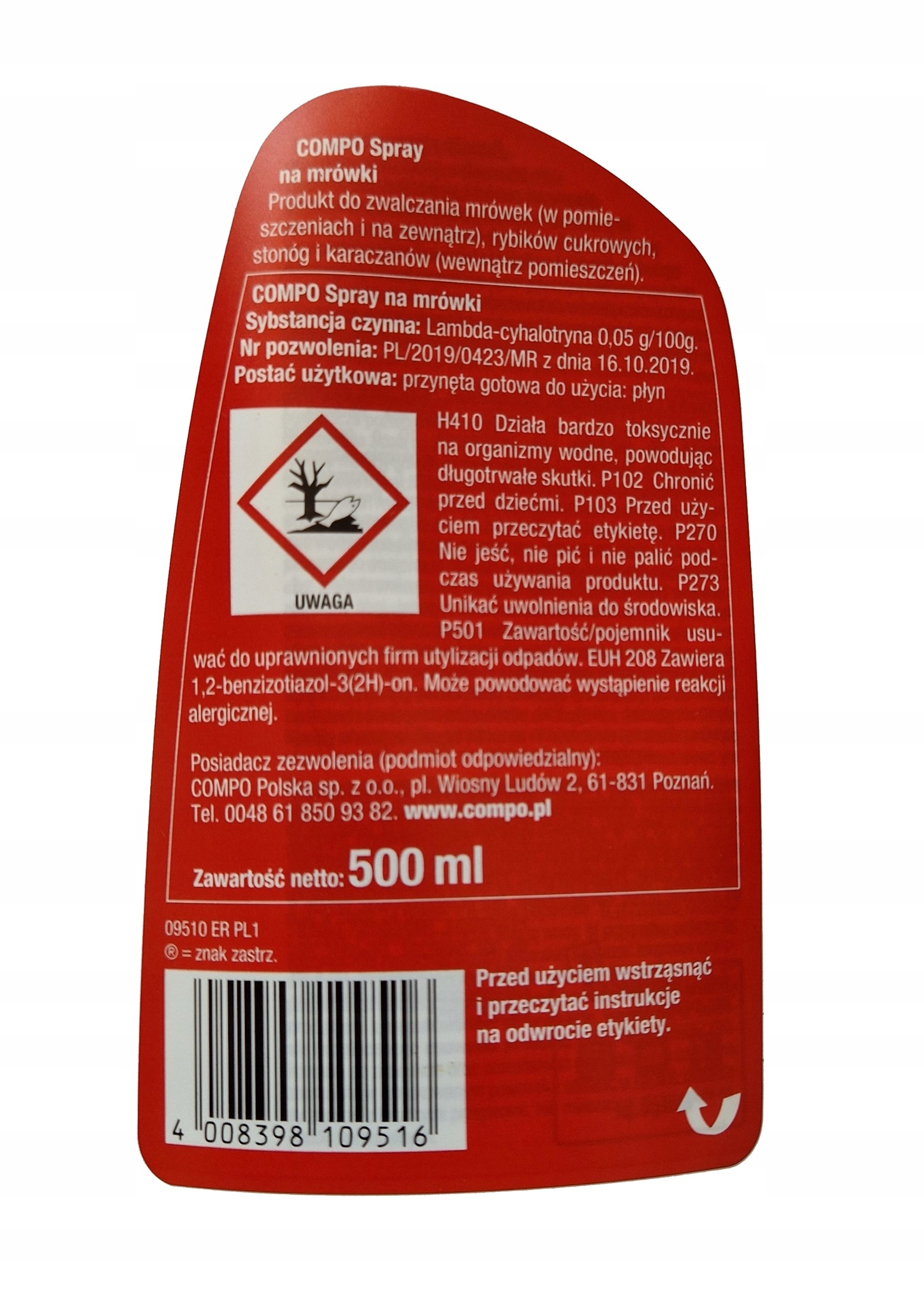 COMPO purškalas nuo cukrinukų, skruzdėlių ir ropojančių vabzdžių, 500 ml