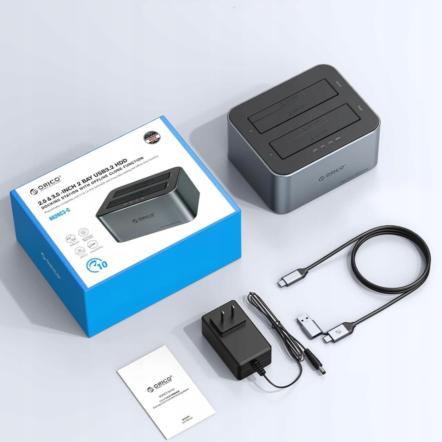 Įkrovimo stotelė ant 2 diskai 25 35 Sata HDD SSD 44TB Orico belsilt Įkrovimo stotelė ant 2 diskai 25 35 Sata HDD SSD 44TB Orico