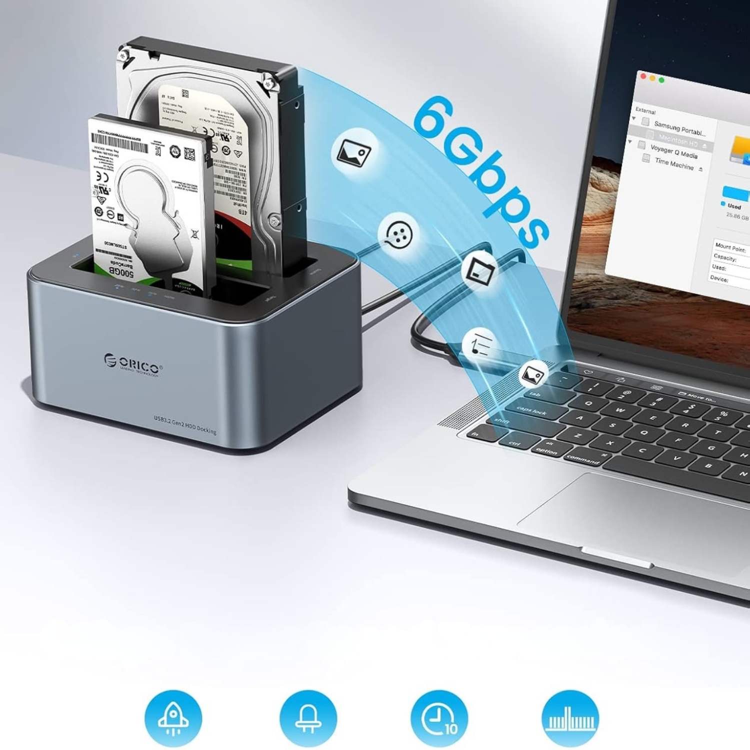Įkrovimo stotelė ant 2 diskai 25 35 Sata HDD SSD 44TB Orico belsilt Įkrovimo stotelė ant 2 diskai 25 35 Sata HDD SSD 44TB Orico