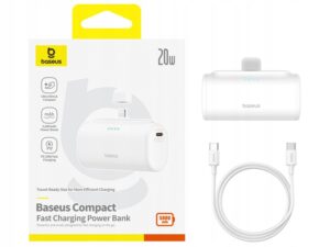 Išorinė baterija Baseus Compact IP 5000mAh 20 W baltas + USB C kabelis USB C