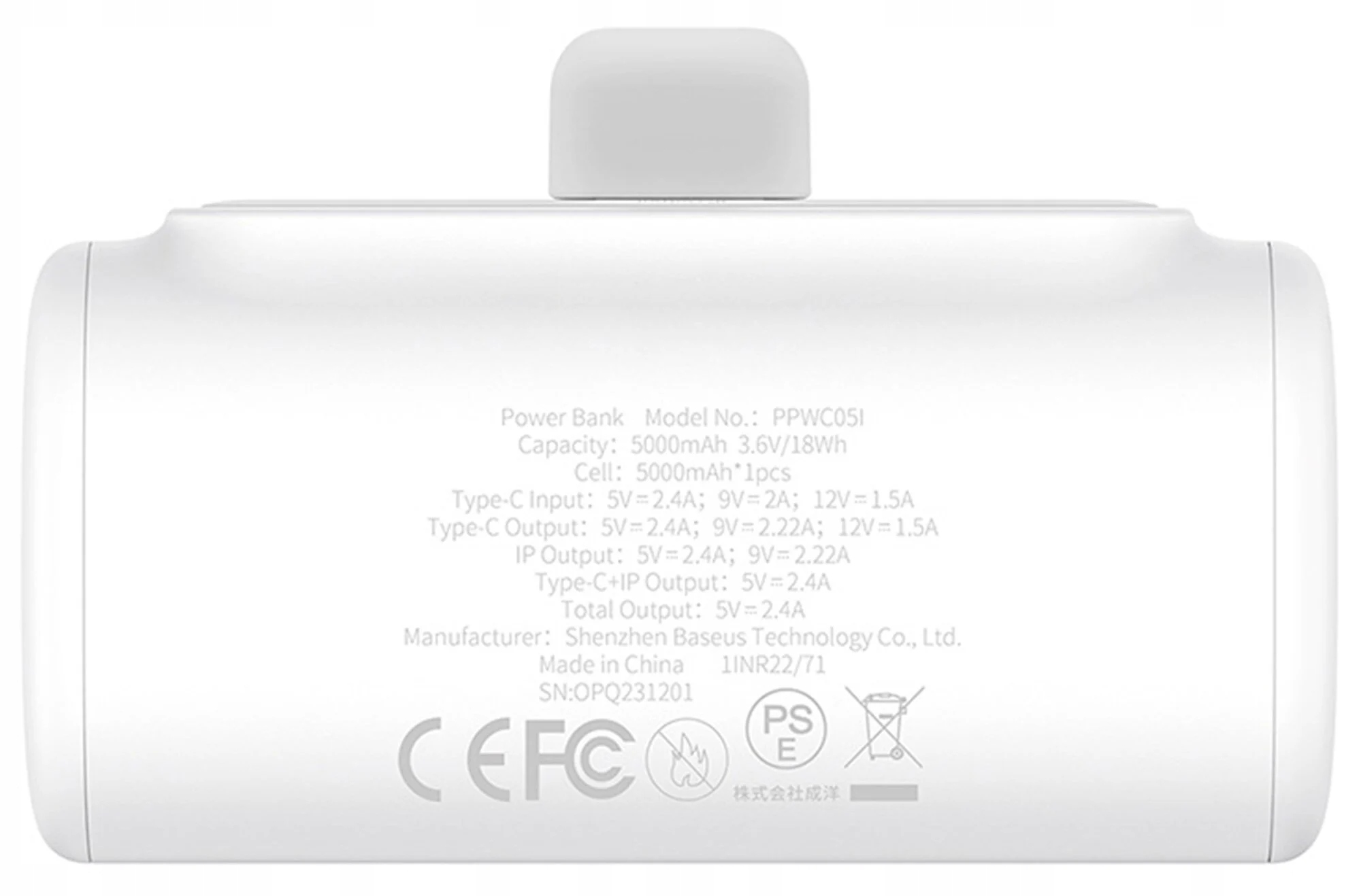 Išorinė baterija Baseus Compact IP 5000mAh 20 W baltas + USBC kabelis USBC belsilt Išorinė baterija Baseus Compact IP 5000mAh 20 W baltas + USB C kabelis USB C