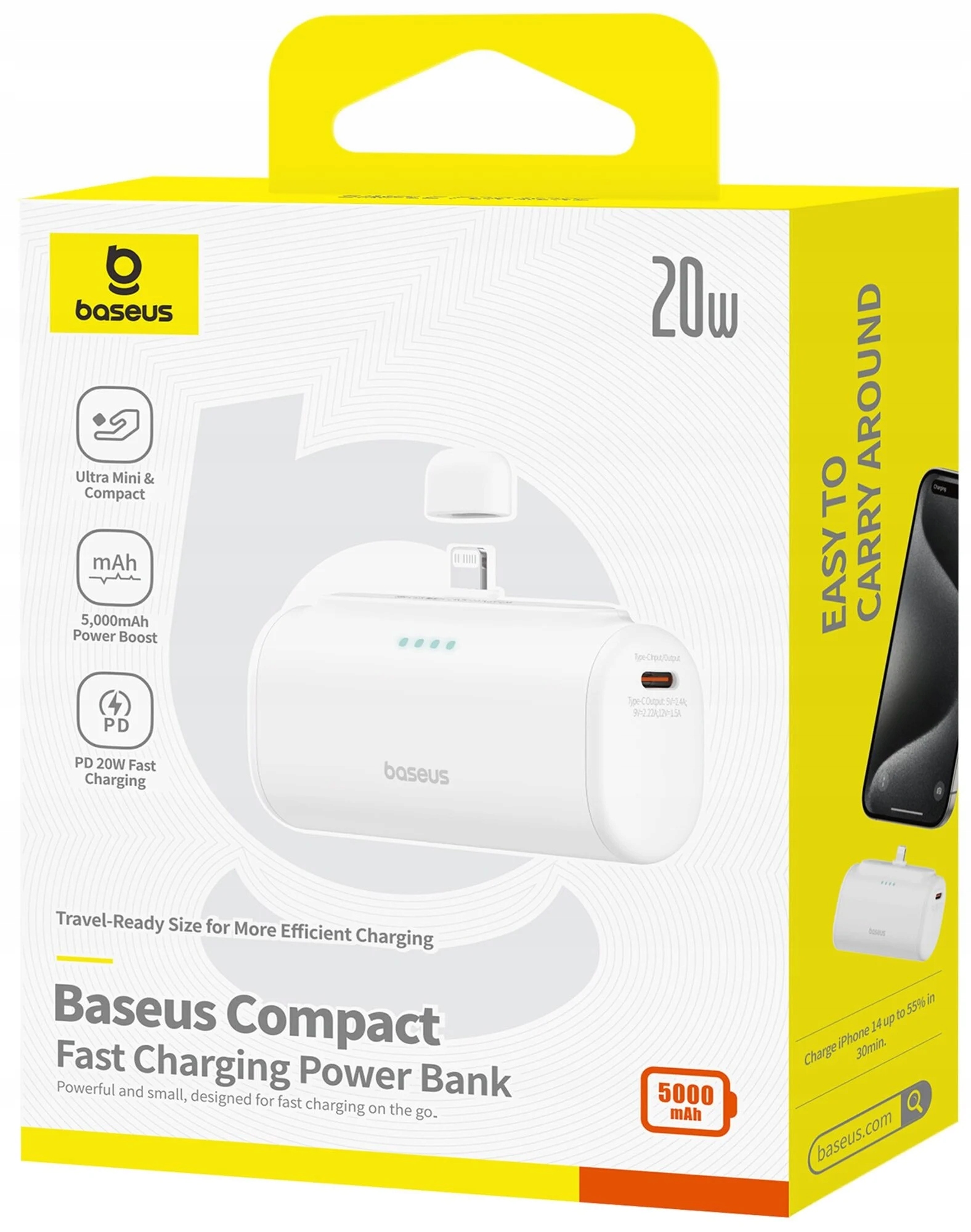 Išorinė baterija Baseus Compact IP 5000mAh 20 W baltas + USBC kabelis USBC belsilt Išorinė baterija Baseus Compact IP 5000mAh 20 W baltas + USB C kabelis USB C