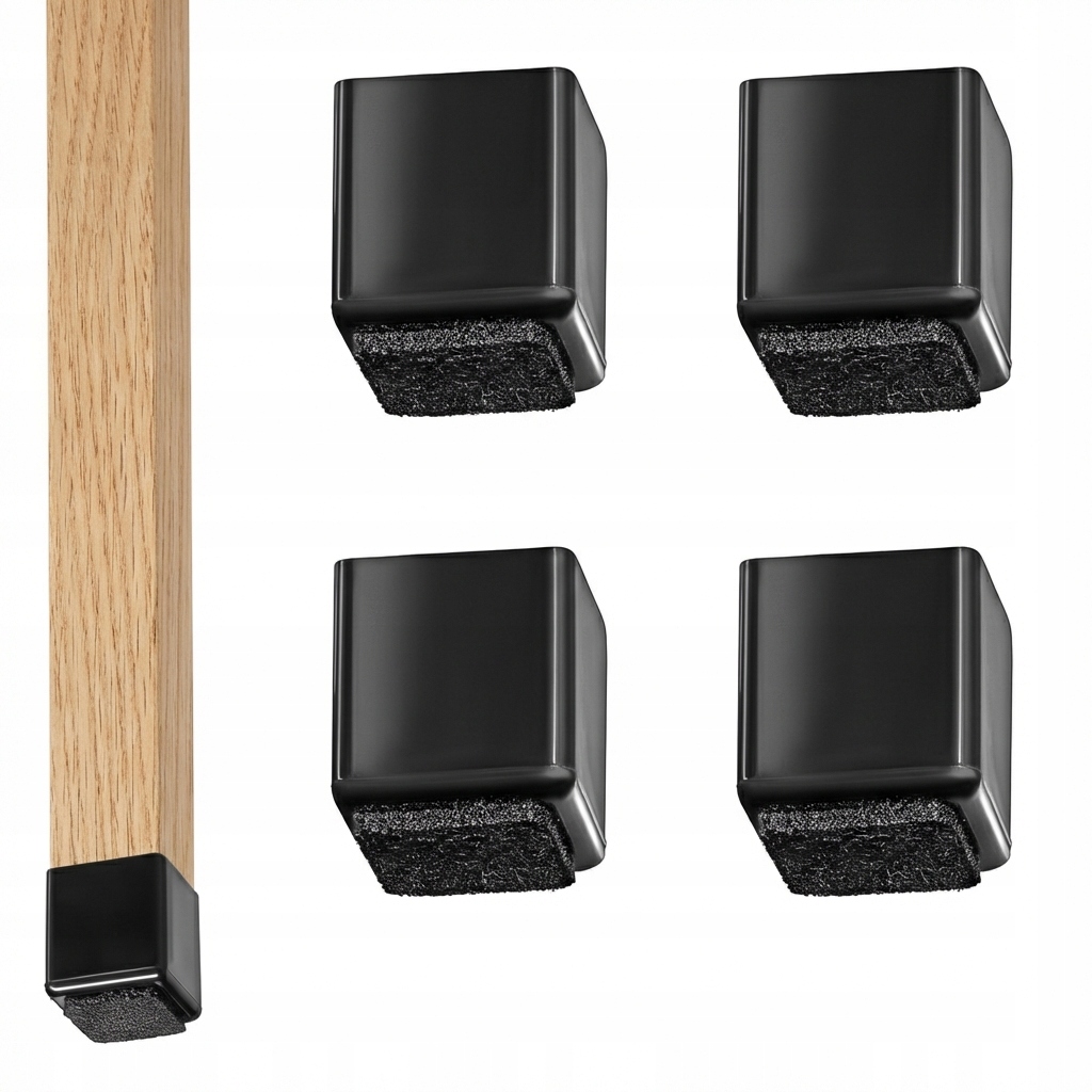 Kvadratinės PVC kėdžių kojų apsaugos, 70 × 70 mm, juodos, 4 vnt. – Kleeneco