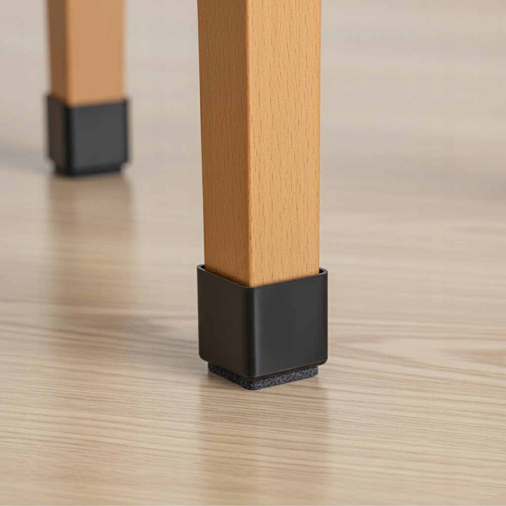 Kvadratinės PVC kėdžių kojų apsaugos, 70 × 70 mm, juodos, 4 vnt. – Kleeneco