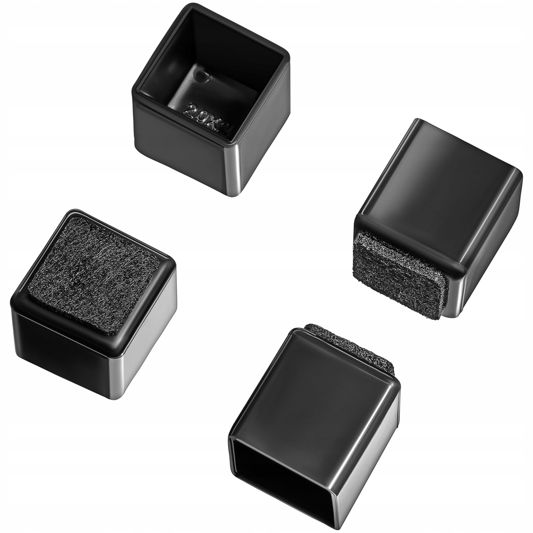 Kvadratinės PVC kėdžių kojų apsaugos, 70 × 70 mm, juodos, 4 vnt. – Kleeneco