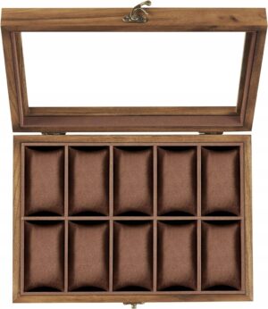 Medinė laikrodžių dėžutė 10 laikrodžiams su stikliniu dangteliu ruda 8 × 7 × 4 cm