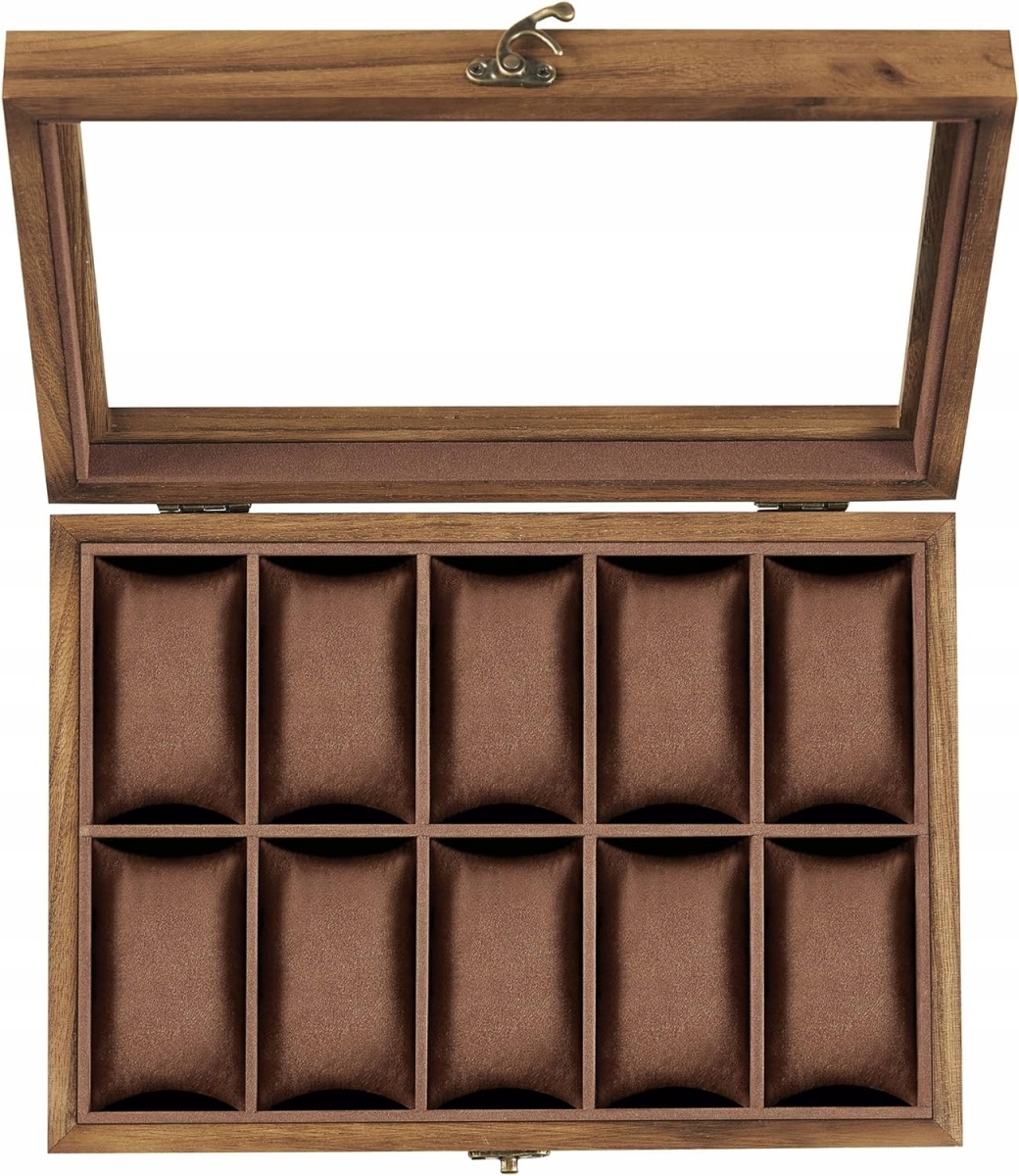 Medinė laikrodžių dėžutė 10 laikrodžiams su stikliniu dangteliu ruda 8 × 7 × 4 cm belsilt Medinė laikrodžių dėžutė 10 laikrodžiams su stikliniu dangteliu ruda 8 × 7 × 4 cm