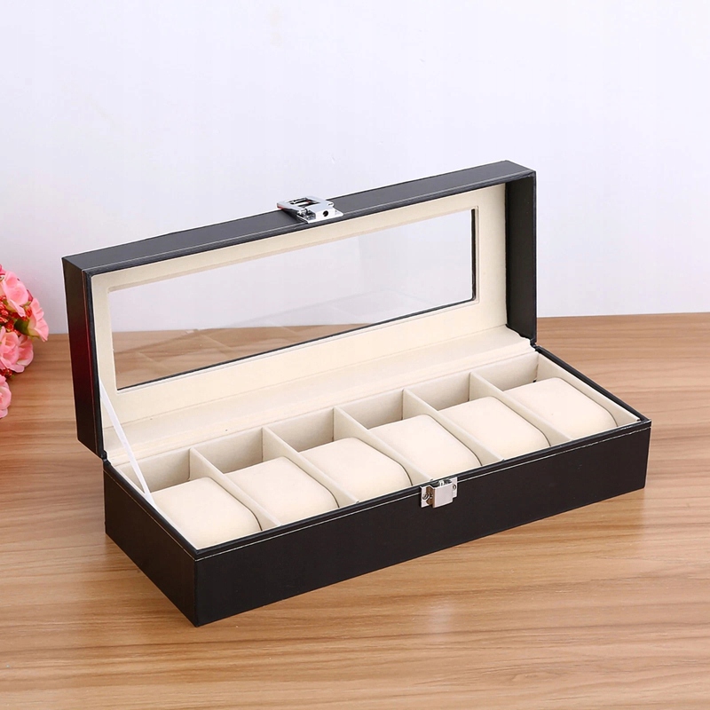 Medinė laikrodžių dėžutė 6 laikrodžiams su stikliniu dangteliu juoda 30 x 11 x 8 cm belsilt Medinė laikrodžių dėžutė 6 laikrodžiams su stikliniu dangteliu juoda 30 x 11 x 8 cm