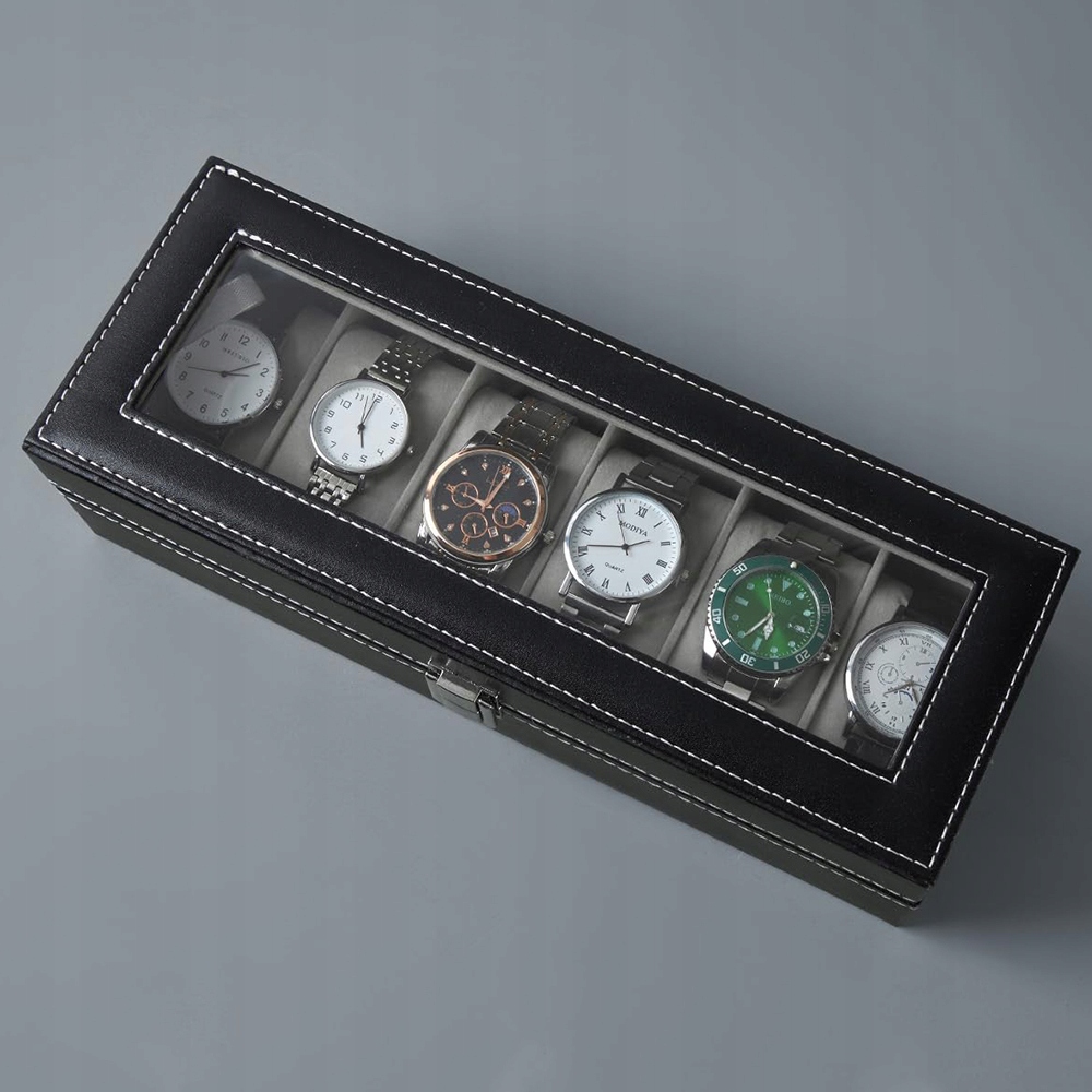 Medinė laikrodžių dėžutė 6 laikrodžiams su stikliniu dangteliu juoda 30 x 11 x 8 cm belsilt Medinė laikrodžių dėžutė 6 laikrodžiams su stikliniu dangteliu juoda 30 x 11 x 8 cm