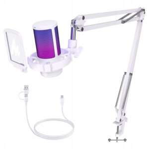 Mikrofonas Maono DGM20S USB RGB Svirtis PC PS5 Mažinimas triukšmo baltas belsilt Mikrofonas Maono DGM20S USB RGB Svirtis PC PS5 Mažinimas triukšmo baltas