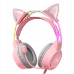 ONIKUMA X15 Pro ausinės Žaidimų Katės ausytės su mikrofonu RGB rožiniai  USB kabelis