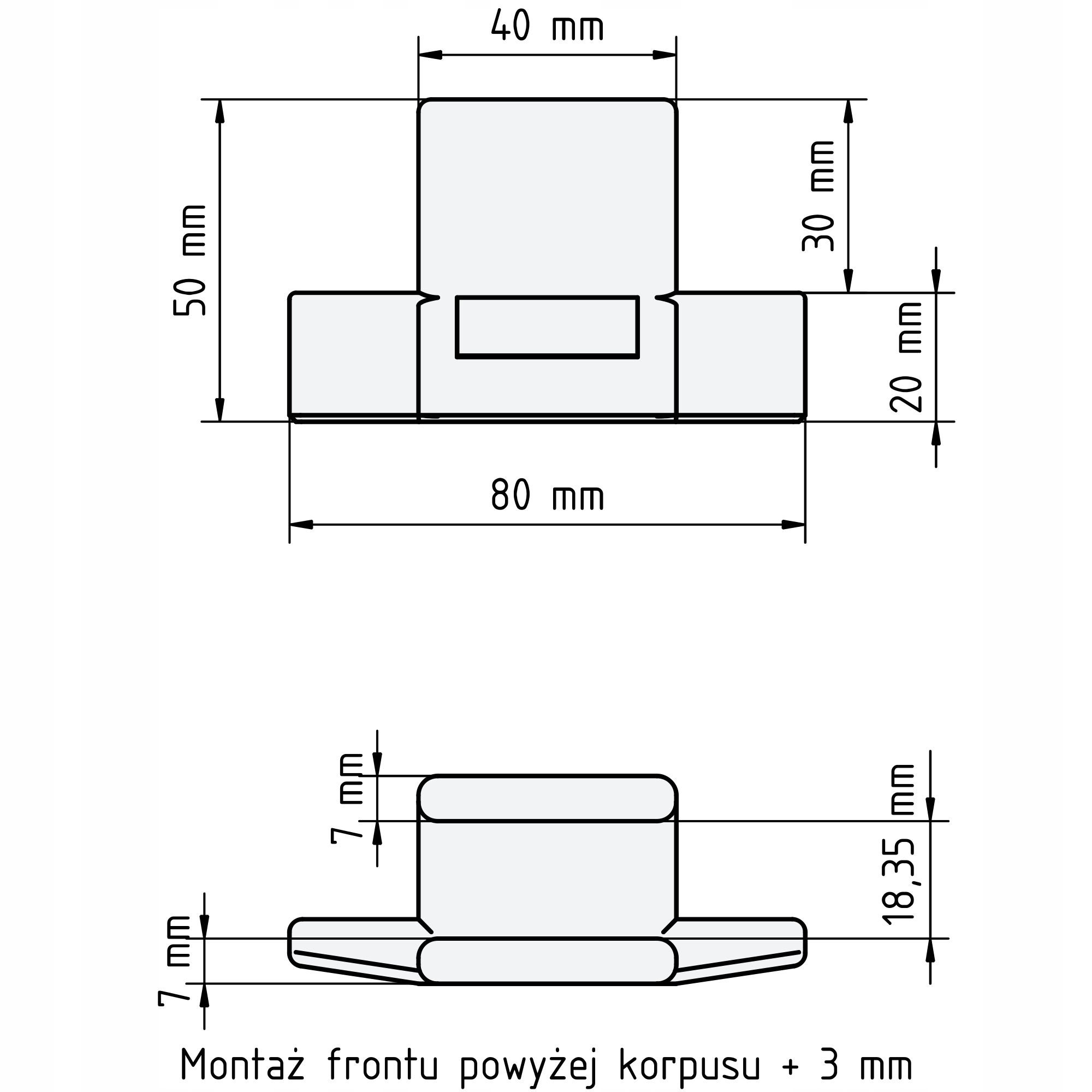 PETG baldų fasado montavimo šablonas 18 mm plokštei +3 mm belsilt PETG baldų fasado montavimo šablonas 18 mm plokštei +3 mm