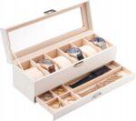 PU odos laikrodžių dėžutė 6 laikrodžiams su stikliniu dangteliu dviejų lygių su stalčiumi balta 5x11x11cm belsilt PU odos laikrodžių dėžutė 6 laikrodžiams su stikliniu dangteliu dviejų lygių su stalčiumi balta 5x11x11cm