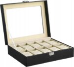 Songmics medinė laikrodžių dėžutė 10 laikrodžiams su stikliniu dangteliu juoda 20,2 x 25,5 x 7,8 cm