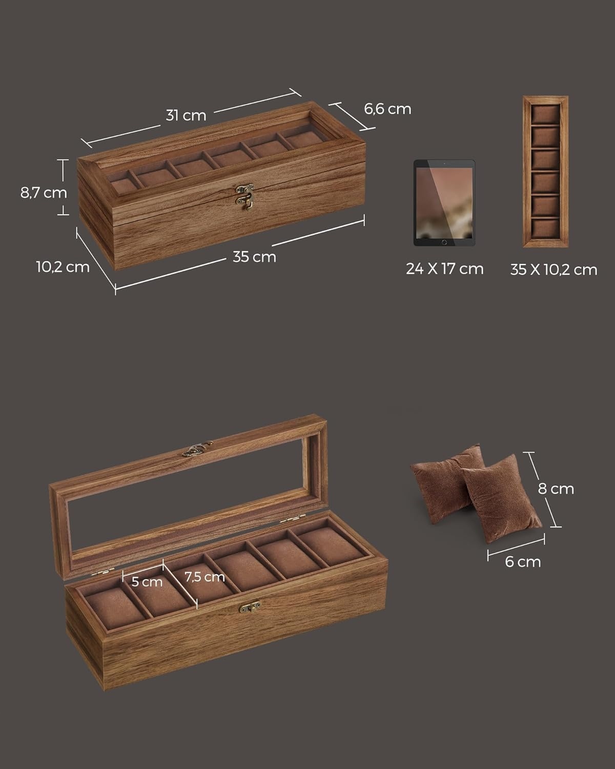 Songmics medinis kelioninis laikrodžių dėklas 6 laikrodžiams su stikliniu dangteliu su užraktu su vieta papuošalams 35 × 102 × 87 cm belsilt Songmics medinis kelioninis laikrodžių dėklas 6 laikrodžiams su stikliniu dangteliu su užraktu su vieta papuošalams 35 × 102 × 87 cm