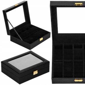 Springos PU odos laikrodžių dėžutė 10 laikrodžiams su užraktu su vieta papuošalams juoda 25 x 20 x 8 cm