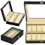 Springos PU odos laikrodžių dėžutė 12 laikrodžiams su užraktu su vieta papuošalams juoda 30 x 20 x 8 cm