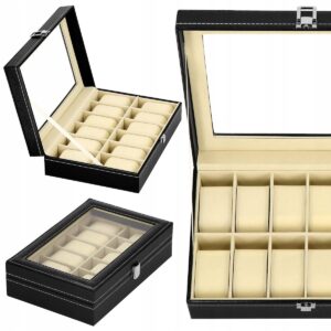 Springos PU odos laikrodžių dėžutė 12 laikrodžiams su užraktu su vieta papuošalams juoda 30 x 20 x 8 cm