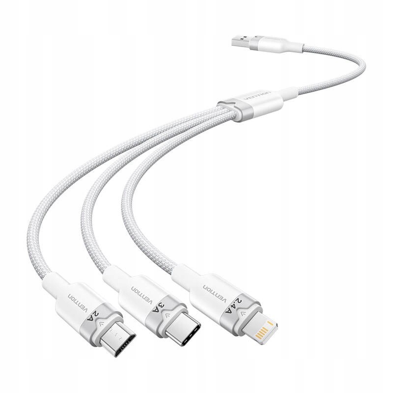 Vention CTPWG 3 viename USBA kabelis su USBC Micro USB ir Lightning jungtimis 3 A 15 m baltas belsilt Vention CTPWG 3 viename USB A kabelis su USB C Micro USB ir Lightning jungtimis 3 A 15 m baltas